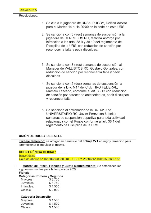 Boletín Oficial de la Unión de Rugby de Salta.