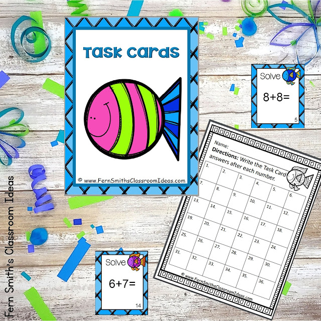 You will love how easy it is to prepare these Ocean Themed Addition and Subtraction Task Cards for Addition Doubles, Addition Doubles Plus One, Plus One, Plus Two, Plus Zero, Subtraction Doubles, Subtraction Doubles Plus One, Subtract One, Subtract Two, and Subtraction of Zero for your class. #FernSmithsClassroomIdeas