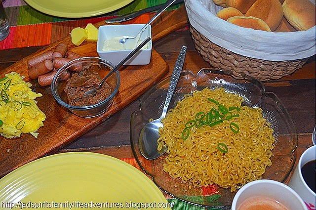 Simple Breakfast Pancit Canton, Scrambled Egg, Sausage, Pandesal with Liver Spread, Mayonnaise and Butter