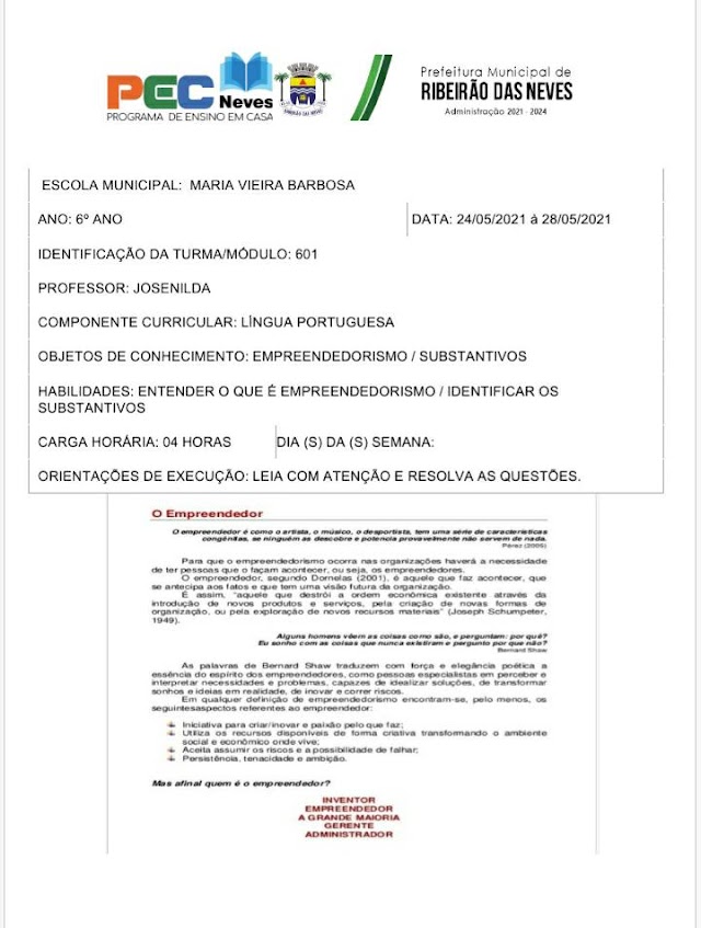 Empreendedorismo - Atividade Língua Portuguesa -  24/05/2021 à 28/05/2021 - 601