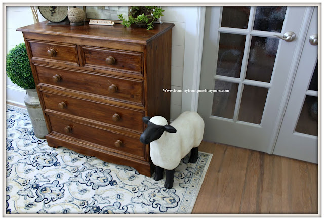 French Country-French Farmhouse-Sheep Statue-Foyer Decor-Vintage Dresser--Foyer-From My Front Porch To Yours