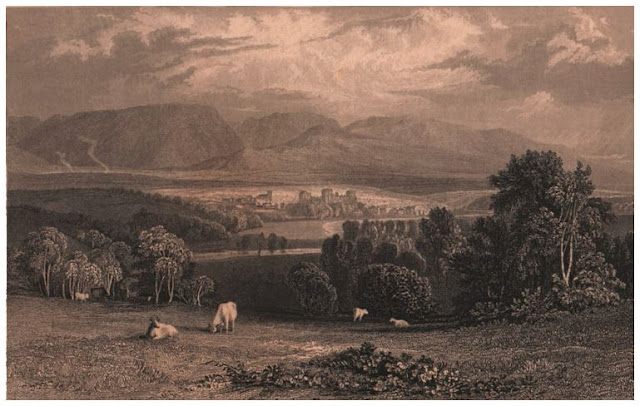 Sepia print of mountains, river, trees, town in distance