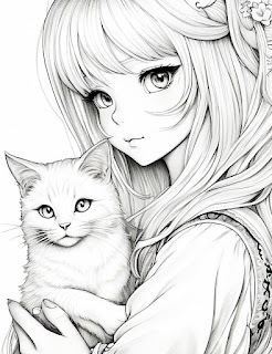 beautiful girl and cat coloring book