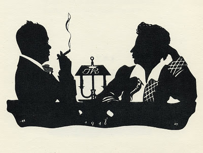 close-up profile silhouette of 2 seated men facing each other, one smoking