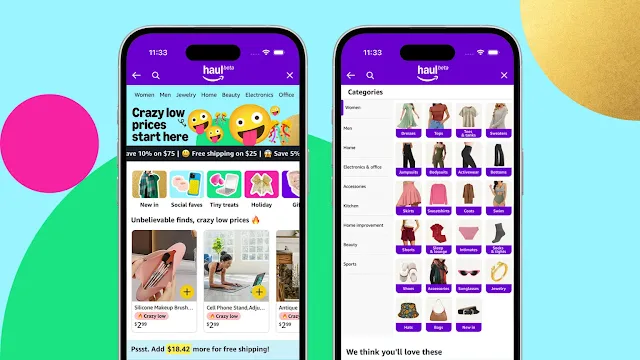 Imagen muestra dos pantallas de teléfonos con aplicación de Amazon Haul en su versión beta.