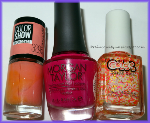 Maybelline Color Show: Canal Street Coral, Morgan Taylor: Shock Therapy, Color Club: Do The Twist