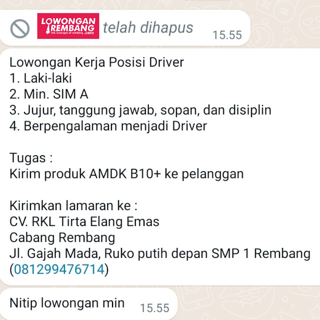 Lowongan Kerja Pegawai Driver Sopir CV RKL Tirta Elang Emas Rembang Tanpa Syarat Ijazah