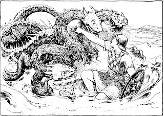 Warrior fights a hydra in the sea