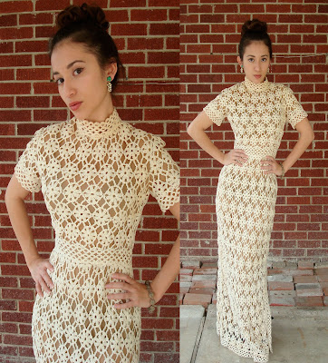 1960's Vintage Cream Crochet Dress with nude underlay accessorized with