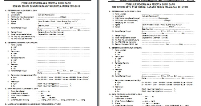 Contoh Format Formulir Pendaftaran Siswa Baru (PSB / PPDB 