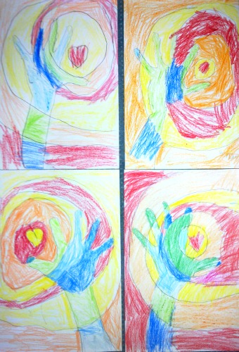 kids' art lesson today we did these'Cool Hands Warm Hearts' drawings