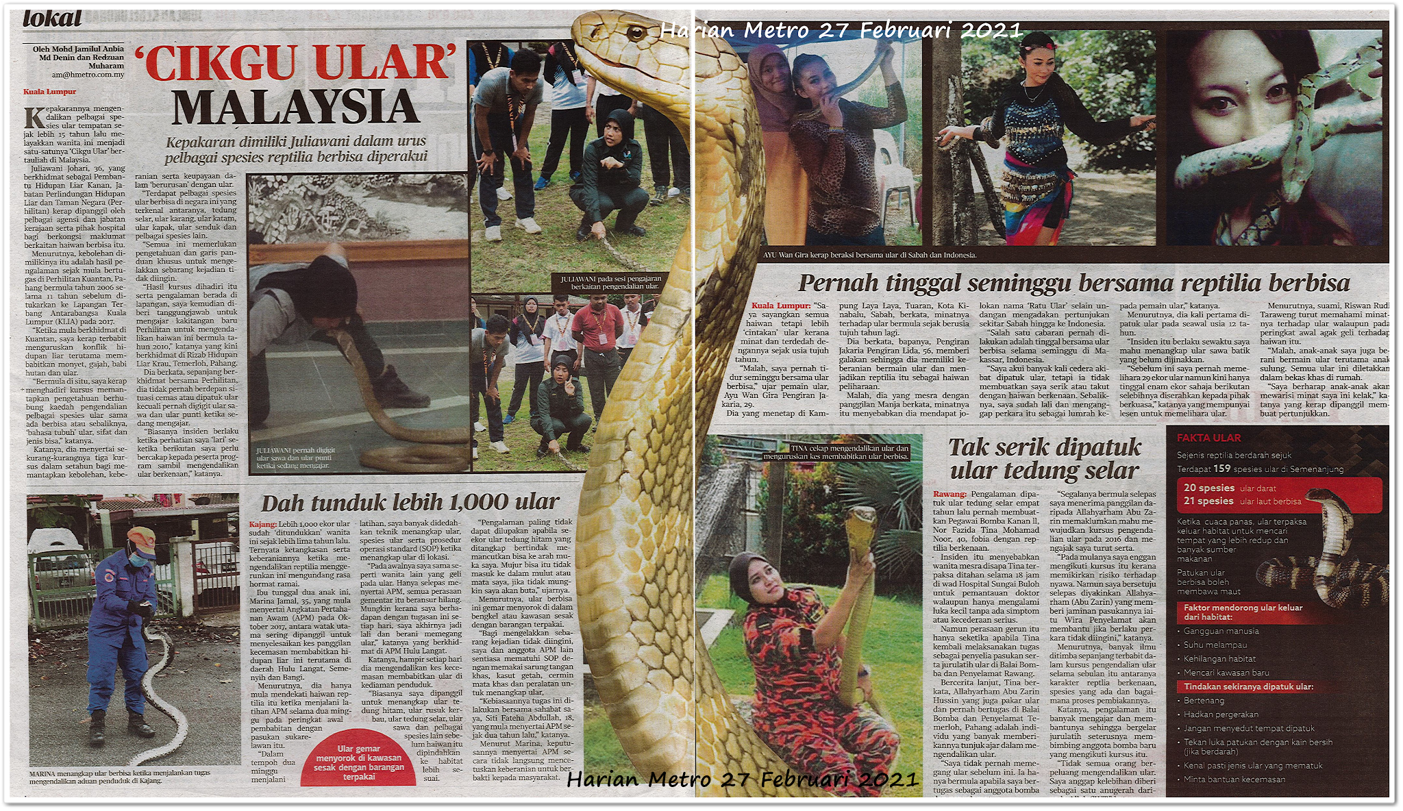 Ratu penunduk ular - Keratan akhbar Harian Metro 27 Februari 2021