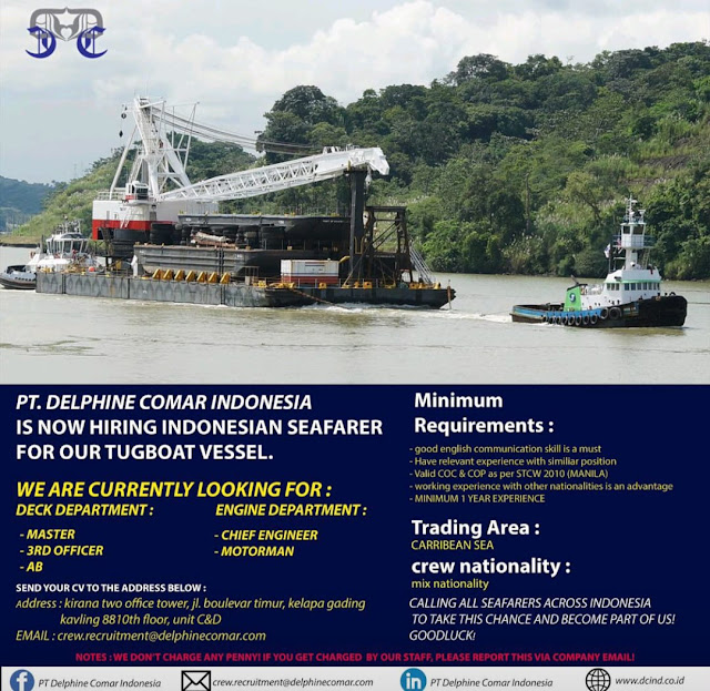 Hiring Crew for LPG Carrier, Crane Barge, and Tugboat Vessel 2023
