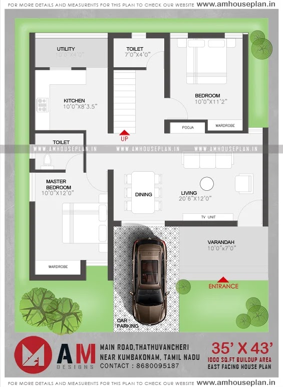 35 x 43 single floor house plan design in village