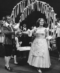 LA STUPENDA, PER SEMPRE: Australian soprano DAME JOAN SUTHERLAND (1926 - 2010) as Amina (right) and tenor NICOLAI GEDDA (1925 - 2017) as Elvino (left) in Vincenzo Bellini's LA SONNAMBULA at The Metropolitan Opera, 1963 [Photograph by Louis Mélançon, © by The Metropolitan Opera]