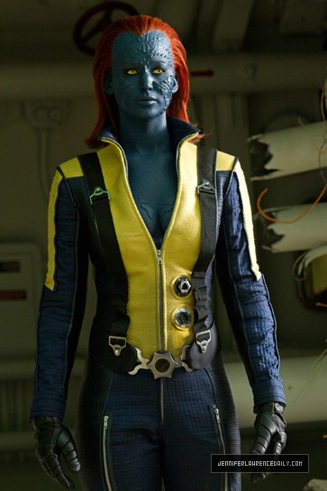 Here is a photo of Jennifer Lawrence as Mystique in the upcoming film XMen 