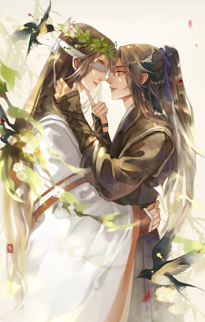 Xiao Xingchen y Xue Yang se abrazan, enamorados, ilustración por qiyusha