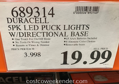 Deal for a 5 pack of Duracell LED Puck Lights with Directional Base at Costco