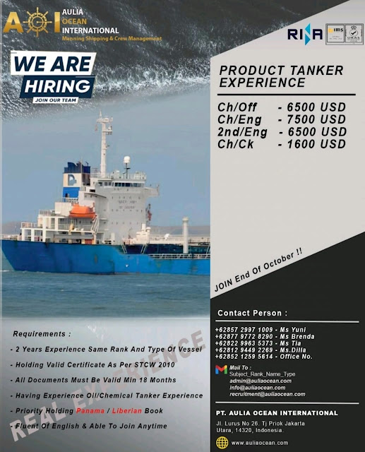 Info Chans Pelaut Terbaru C/O, C/E, 2nd Engineer Bulan Oktober