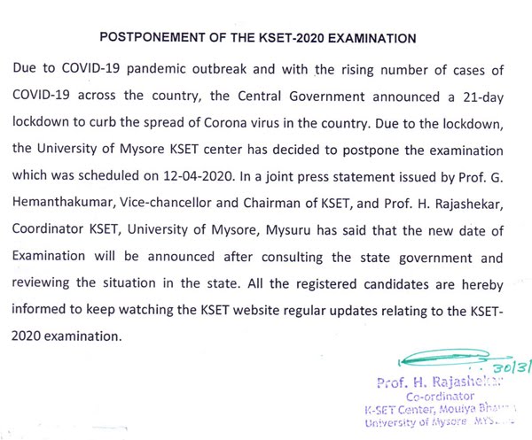 Karnataka SET 2020 Exam Postponed due to CORONA Lock down