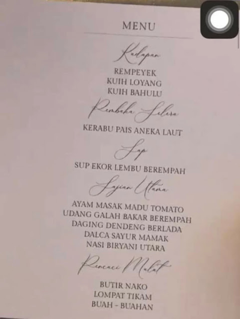 Menu majlis kahwin  neelofa, neelofa haris, katering majlis kahwin neelofa, lauk kenduri neelofa, butir nako, lompat tikam