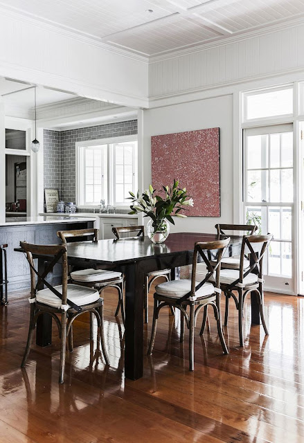 wood floor, picture windows and stunning kitchen