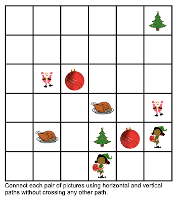 Connect each pair of pictures using horizontal and vertical paths without crossing any other path.