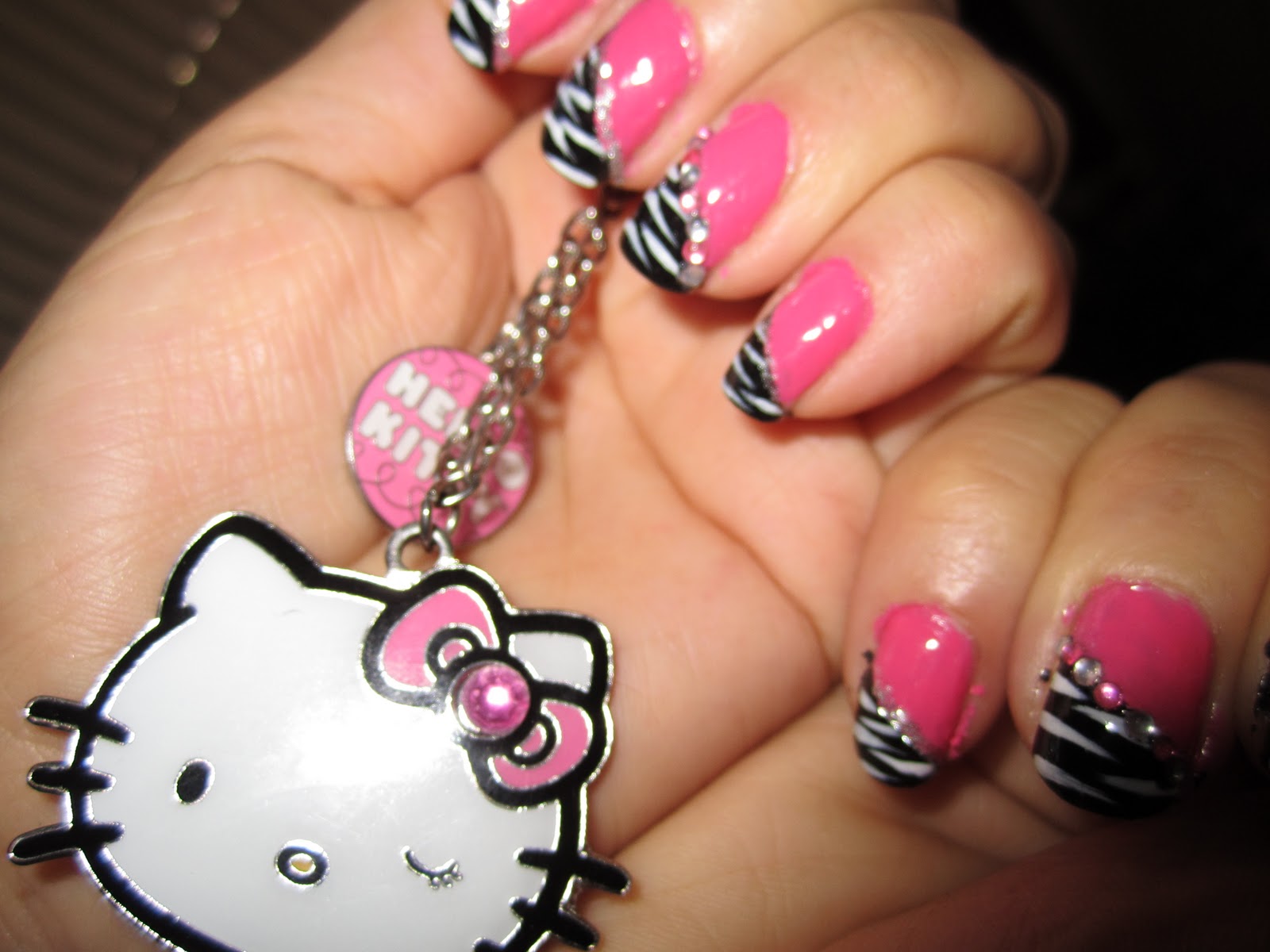 Pink and Black Zebra nail design / Blue rhinestones nail design