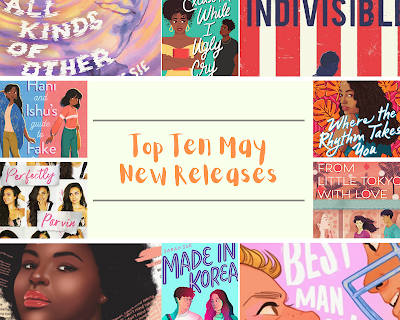 Rectangular photo collage with ten cover images, titles listed below, around the outer border and orange text in the center reading "Top Ten May New Releases"