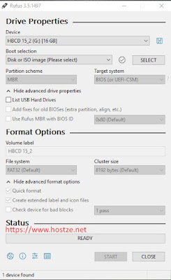 Tampilan rufus 3.5 dan flashdisk sudah terdeteksi - Hostze