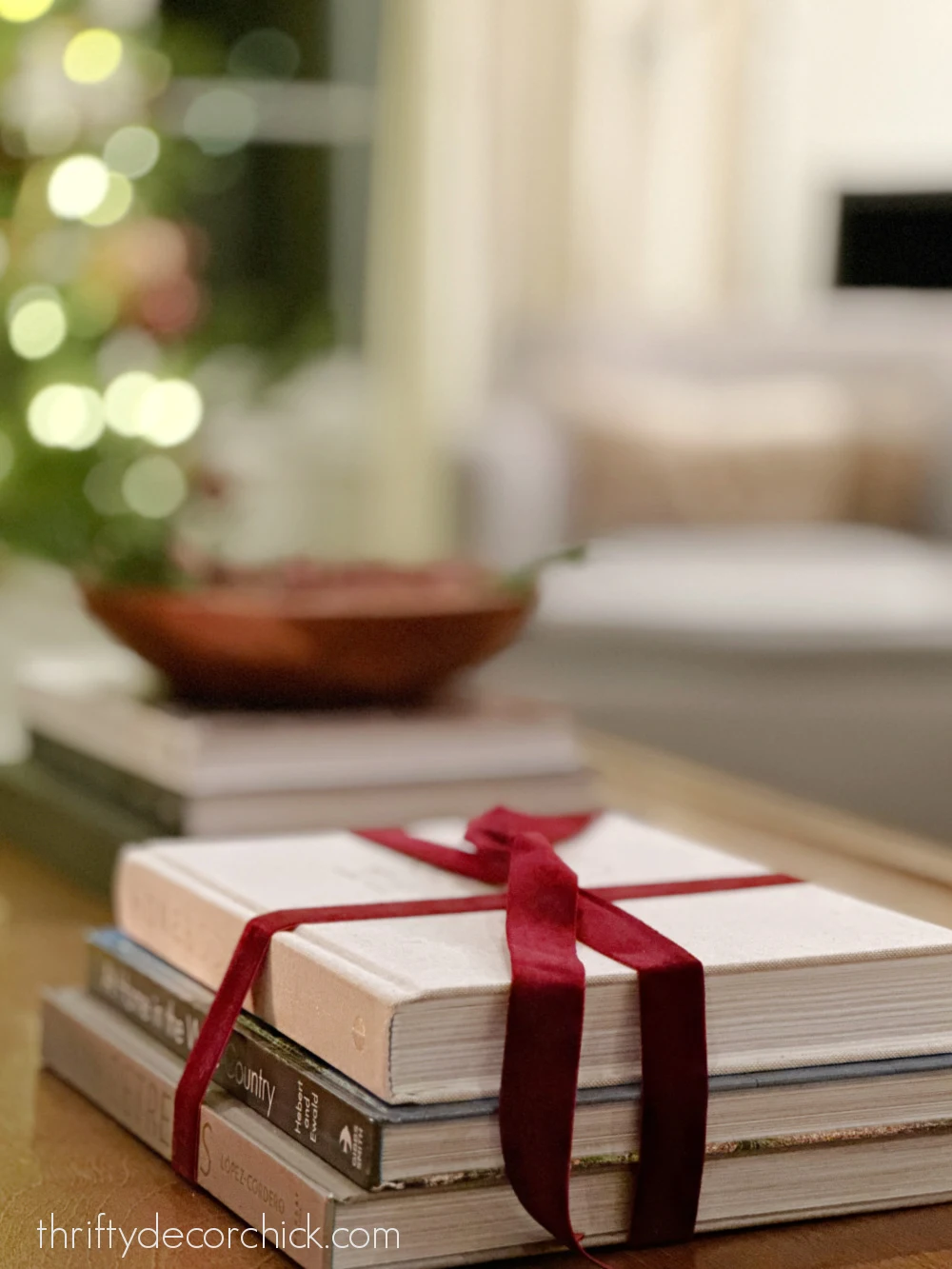 coffee table books wrapped in ribbon
