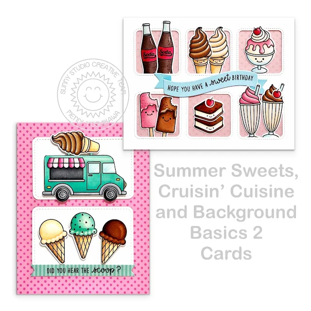 Sunny Studio Ice Cream Cone Cards using Summer Sweets & Cruisin' Cuisine Clear Stamps and Window Trio Square Metal Craft Dies