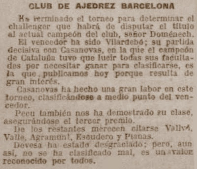 Torneo Social del Club d'Escacs Barcelona 1929, recorte de El Diluvio, 19/12/1929