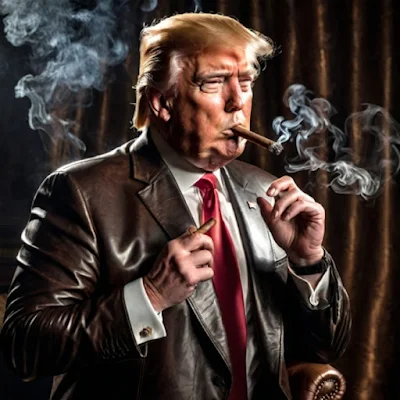 Trump smoking a cigar wearing a brown leather blazer from the waist up