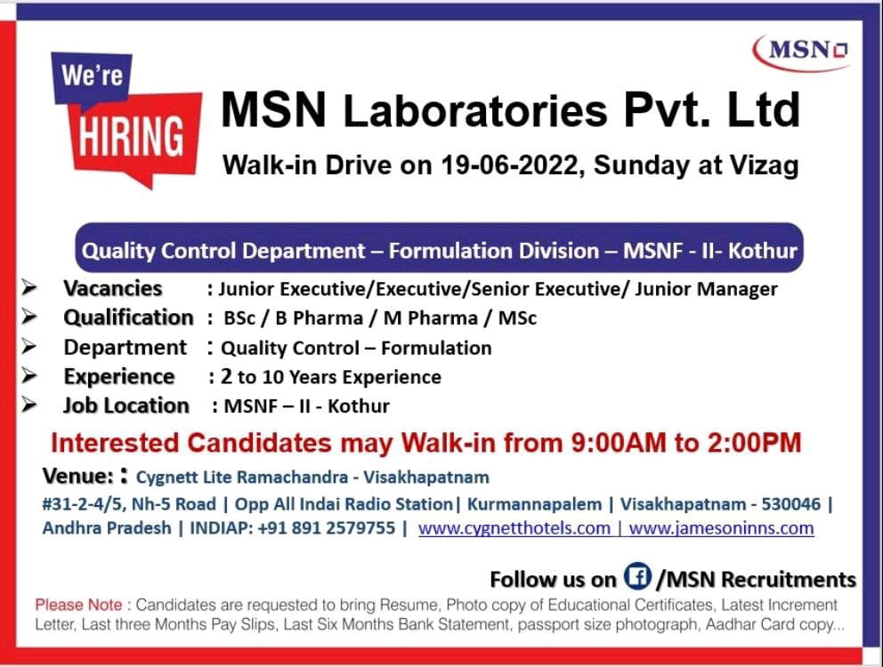 Job Available's for MSN Laboratories Pvt. Ltd Walk-In Interview for BSc/ B Pharma / M Pharma / MSc