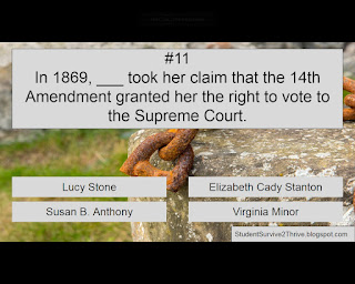 In 1869, ___ took her claim that the 14th Amendment granted her the right to vote to the Supreme Court. Answer choices include: Lucy Stone, Elizabeth Cady Stanton, Susan B. Anthony, Virginia Minor