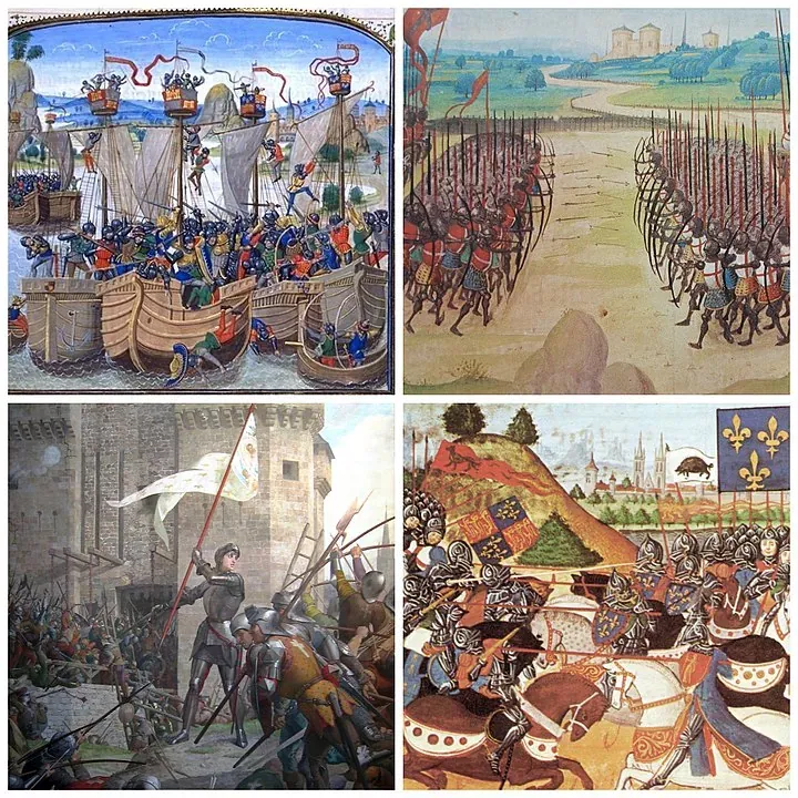 Colagem de pinturas das batalhas da Guerra dos Cem Anos, com imagens de La Rochelle, Agincourt, Patay e Orleans.