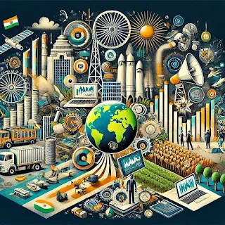 A visually rich illustration of the current state and future of the Indian economy. The image shows modern infrastructure, industries, and technology