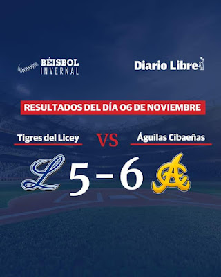 Las Águilas Cibaeñas vencen en un arduo partido a los Tigres del Licey 6-5 este domingo en el Estadio Cibao.