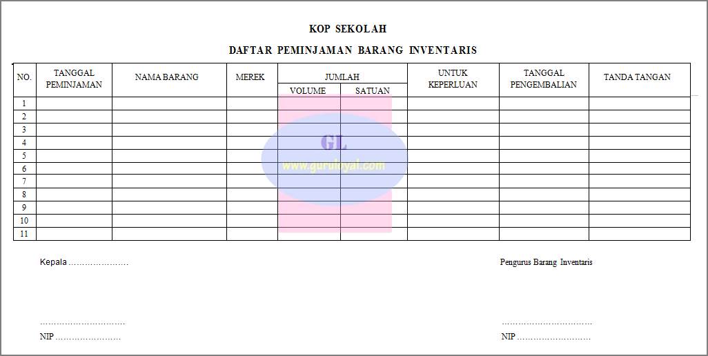 Contoh Daftar Peminjaman Barang Inventaris Sekolah - Guru 