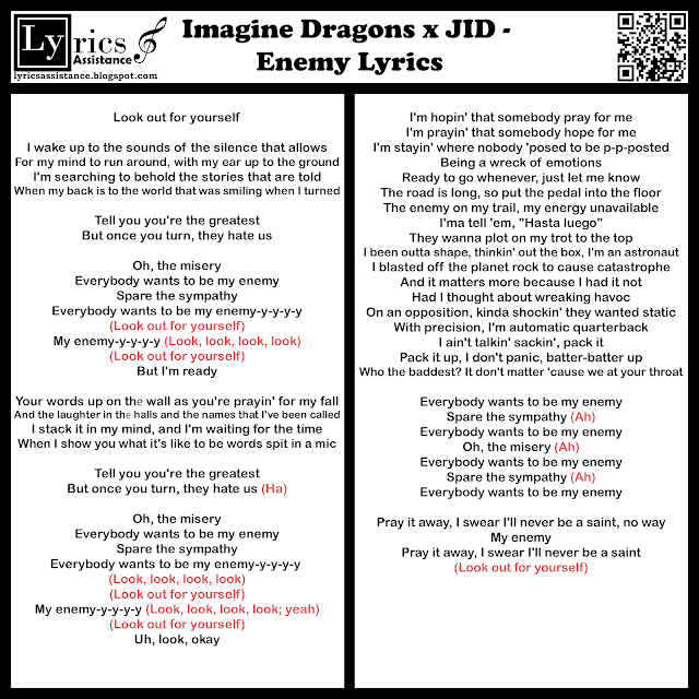 Imagine Dragons x JID - Enemy Lyrics | lyricsassistance.blogspot.com
