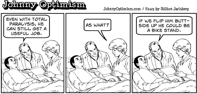 johnny optimism, medical, humor, sick, jokes, boy, wheelchair, doctors, hospital, stilton jarlsberg, coma guy, paralyzed, bike stand, butt