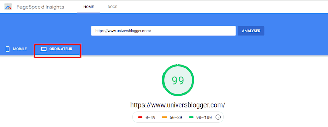 Score performance "ordinateur" Google PageSpeed Insights