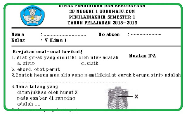 Soal UAS Kelas 5 Semester 1 K13 Revisi Tahun 2018/2019