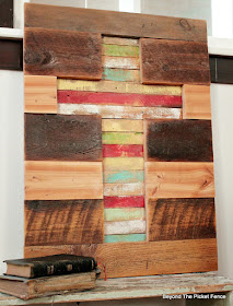 lathe, cross, rustic decor, barnwood, rustic sign, Easter decor, http://bec4-beyondthepicketfence.blogspot.com/2016/02/barnwood-lathe-cross-sign.html