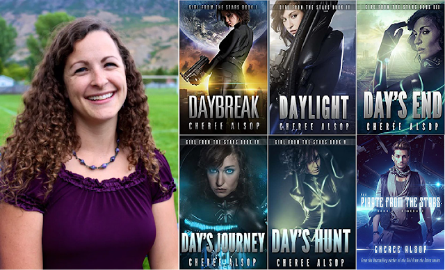 Author Cheree Alsop with covers for her “Girl from the Stars” series: Daybreak, Daylight, Day’s End, Day’s Journey, and Day’s Hunt. Filling out the image is Pirate from the Stars: Renegade.