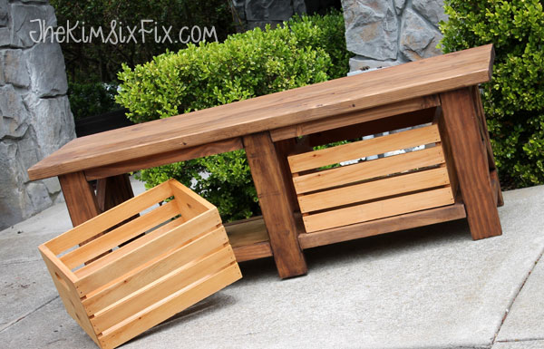 Rustic X-Leg Wooden Bench with Built-In Crate Storage made ...
