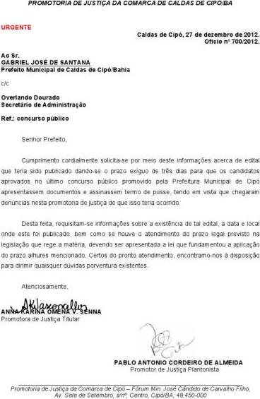 PROMOTORIA DE JUSTIÇA SE PRONUNCIA DEPOIS DE VÁRIAS DENÚNCIAS A RESPEITO DO EDITAL DE CONVOCAÇÃO PRA POSSE DO CONCURSO PÚBLICO DE CIPÓ 