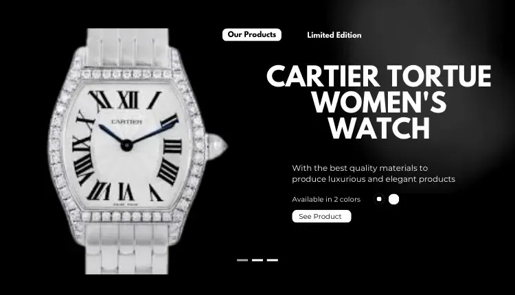 Image of a Cartier watch with Cartier Tortue Women's Watch written on it