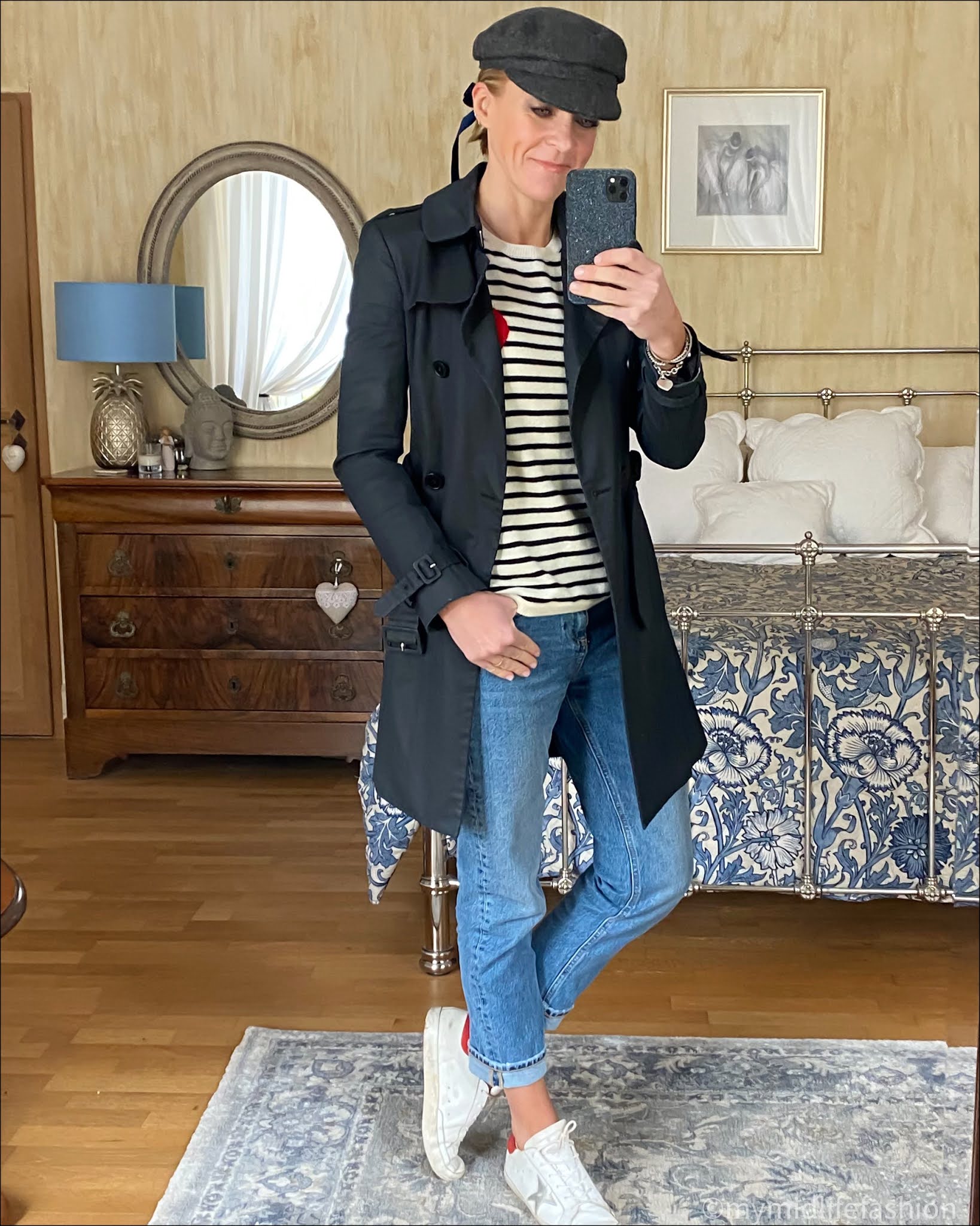 my midlife fashion, Chianti and Parker cream with navy striped heart cashmere sweater, Isabel Marant baker boy cap, Joseph fashion trench coat, zara straight leg jeans, golden goose superstar low top leather trainers